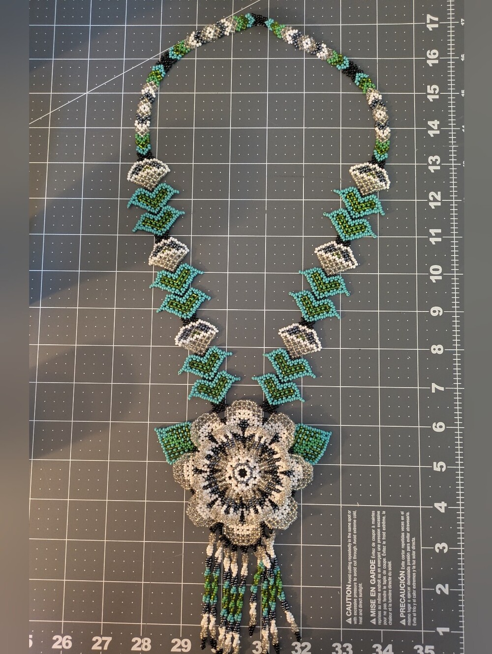 Handmade Beaded Floral Pendant Necklace in Turquoise Blue, Green, Silver, White